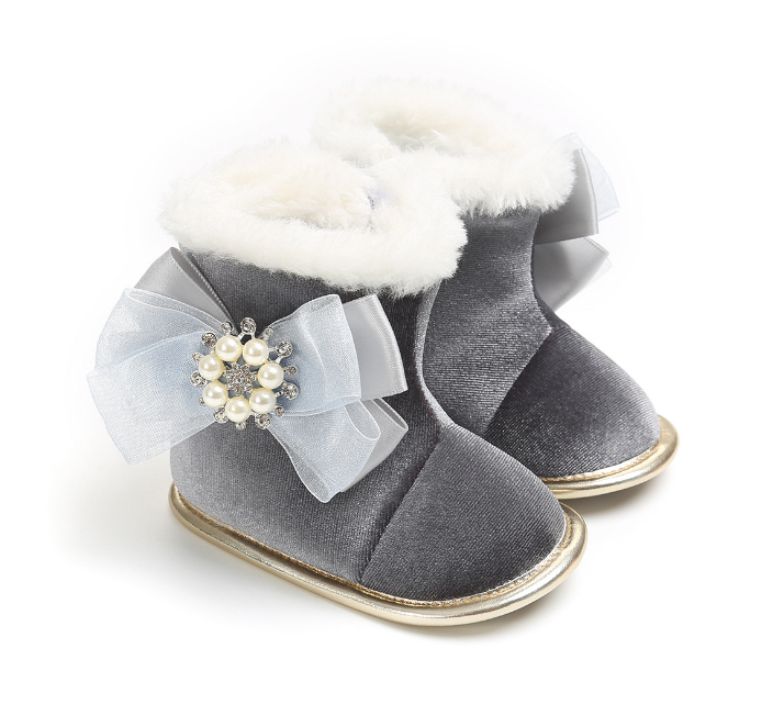 
 Детские зимние теплые ботинки на мягкой подошве с блестками из флисовой ткани с жемчужным Кружевом и бантом  