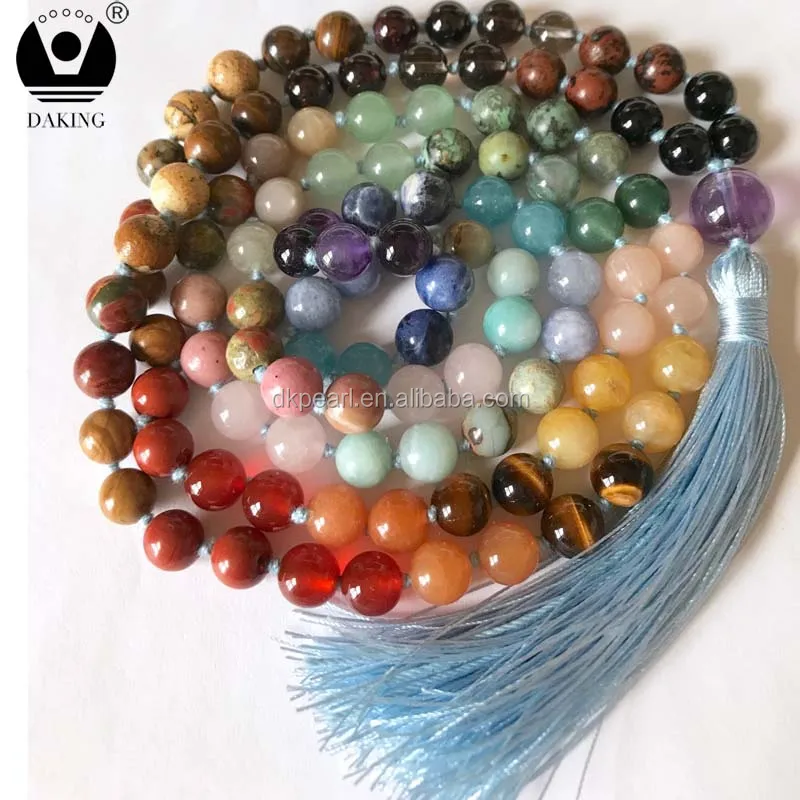 Mala Necklace 108 Mala Beads Yoga Gemstone Knotted Long Tassel Necklace