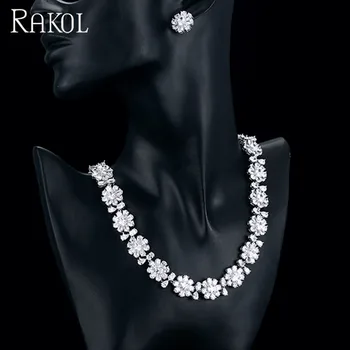RAKOL SP240 Luxury women color zirconia blue Flower Necklace Earrings jewelry Sets 18k gold plated bridal jewelry Set