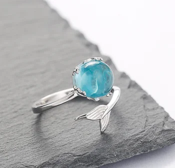 2022 Fashion Women Jewelry Korean Blue Crystal Wedding Rings Mermaid Foam Adjustable 925 Sterling Silver Ring