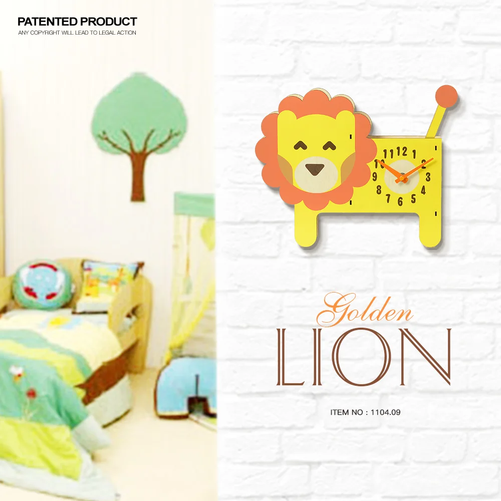 Fancy Design lion Shape Cartoon Style  Pendulum Movement  Wooden Wall Clock for Kids Room Decoration