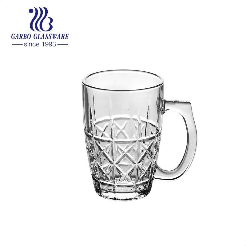 220ml Clear New Design glassware Machine Pressed 8oz Engraved Round Shape Mixing Mould Handle Glass Tea Mug