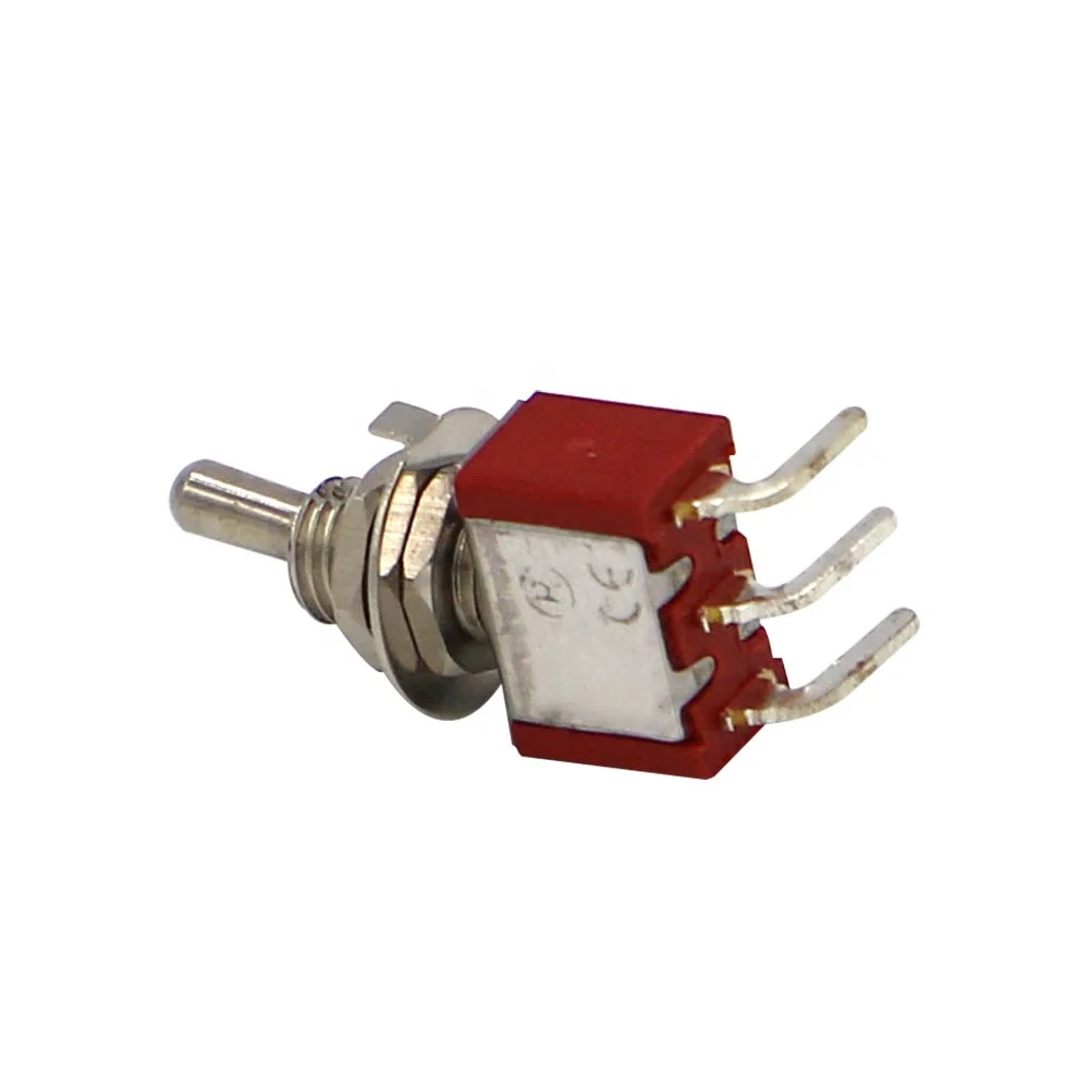 MTS Mini SPST on on Right Angle  PCB Short Handle Red Toggle Switch