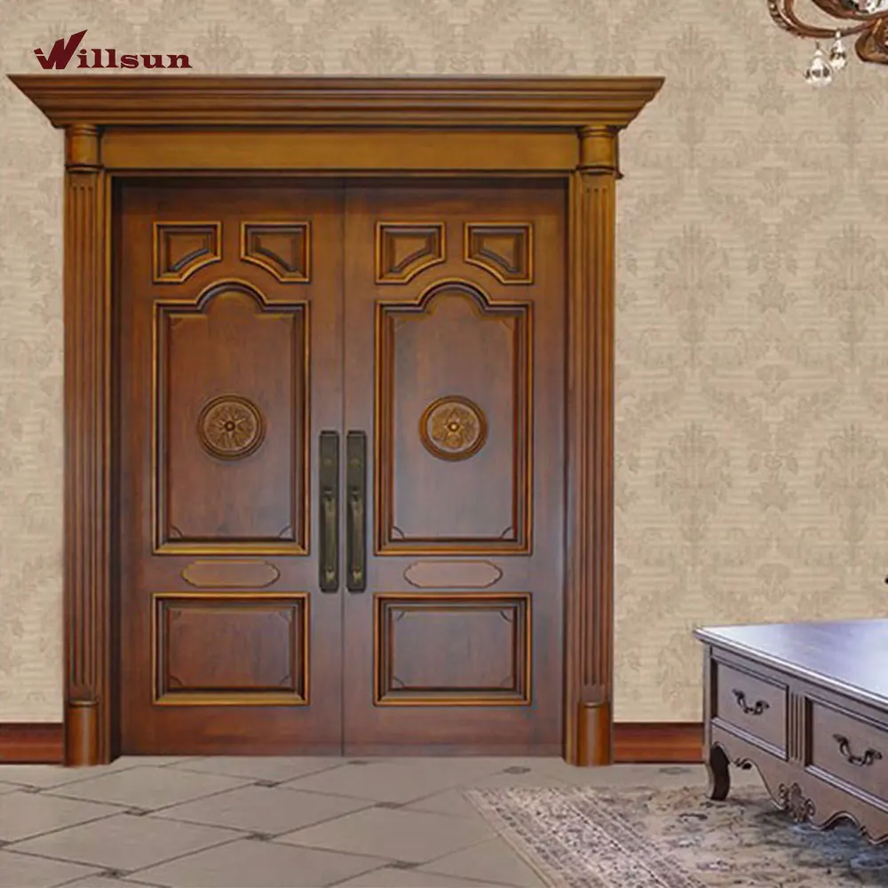 Indian Solid Timber Door Entry Model Teak Wood Panels Carved Main Front Double Door Design for House