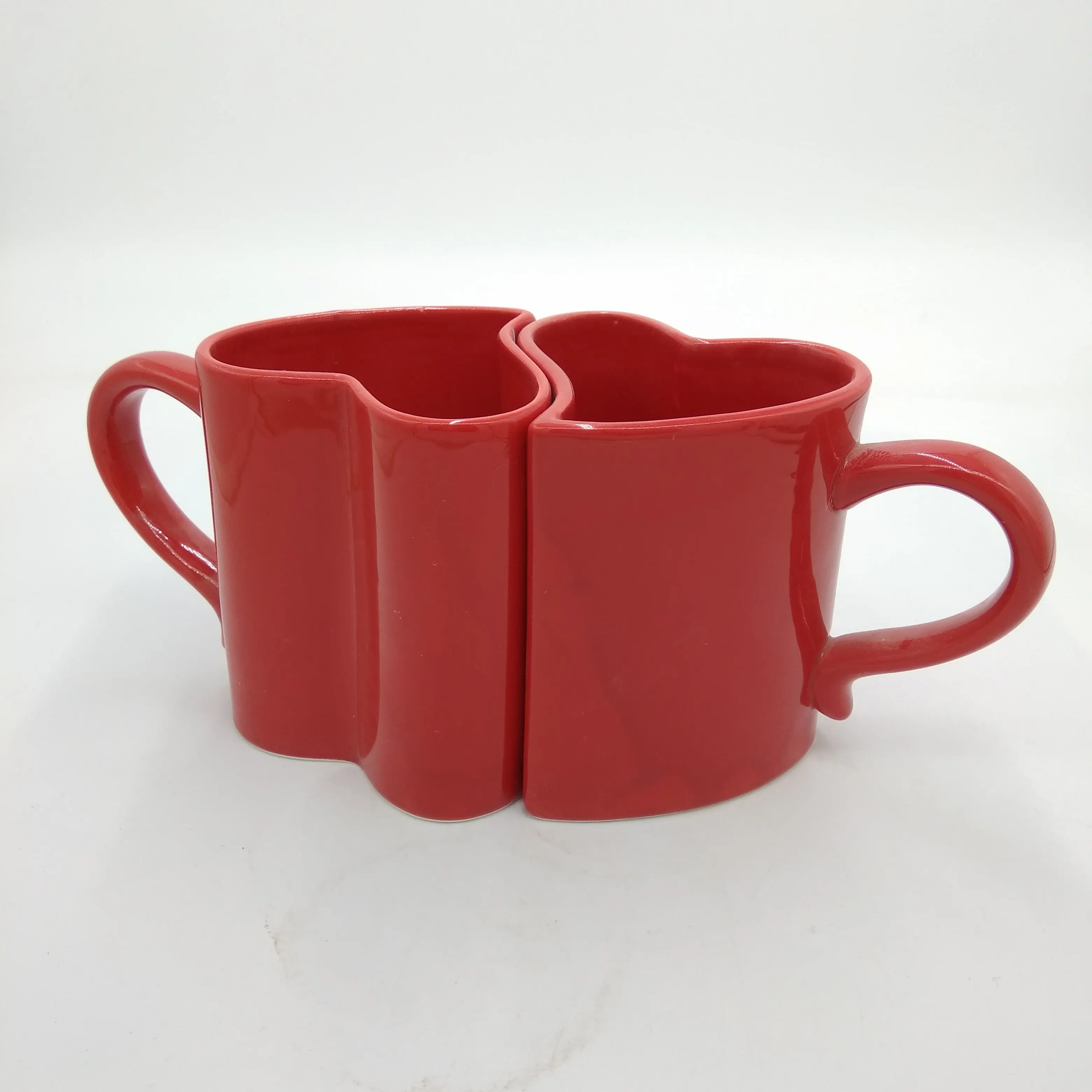 HEART SHAPED 2 MUGS LOVE CUPS COFFEE TEA CERAMIC WHITE RED ROMANTIC VALENTINE