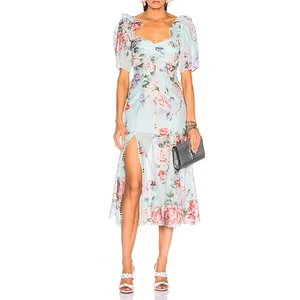 Ladies Print Dress Puff Sleeve Waist Loose Side Split Women Casual Dress