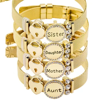 New Special Gift For Mother Aunt Sister Adjustable Stainless Steel Mesh Wristband Bracelet Rhinestone Heart Lock Charm Bracelet