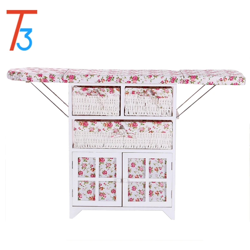 Ironing Board Table Wooden Cabinet with Storage Wicker Drawer