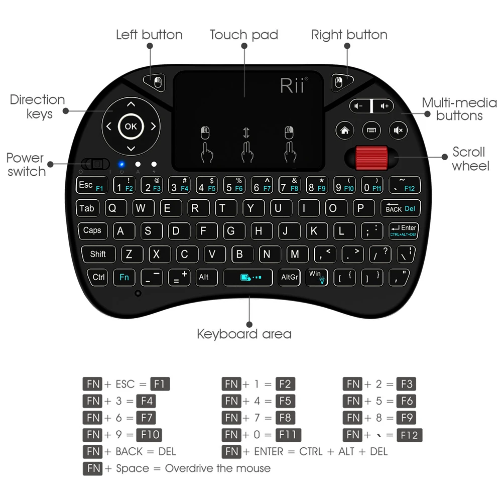 Touchpad Mouse Combo with Scroll Wheel Wireless Keyboard Rii X8