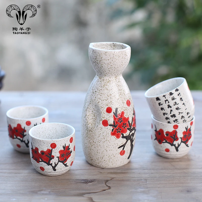 Chinoiserie Ceramic Pottery Sake Pot Wine Bottle 4 Cups Ceramic Sake Sets