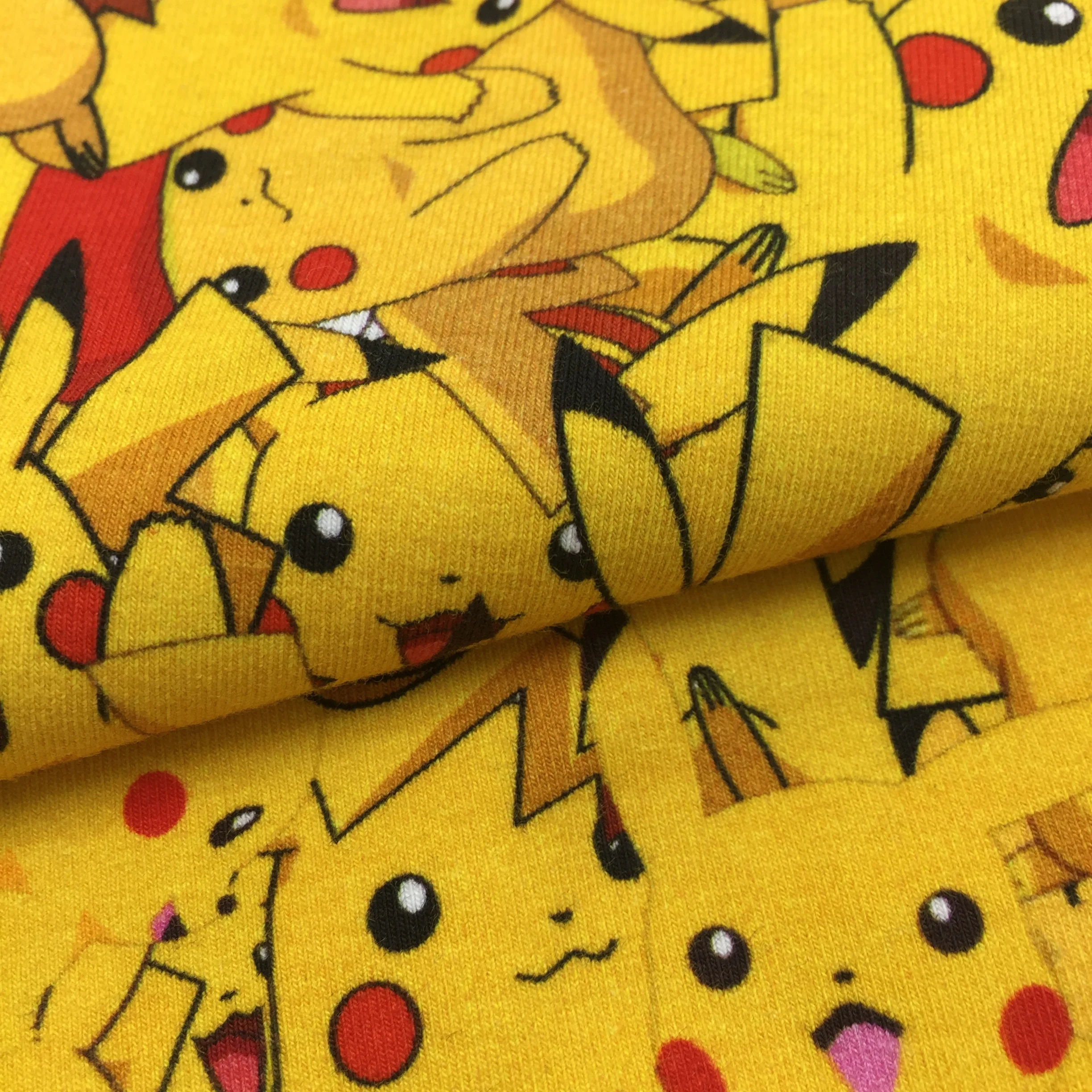 High Quality Custom Printed Pikachu Design Cotton Spandex Knit Fabric for Baby Clothing