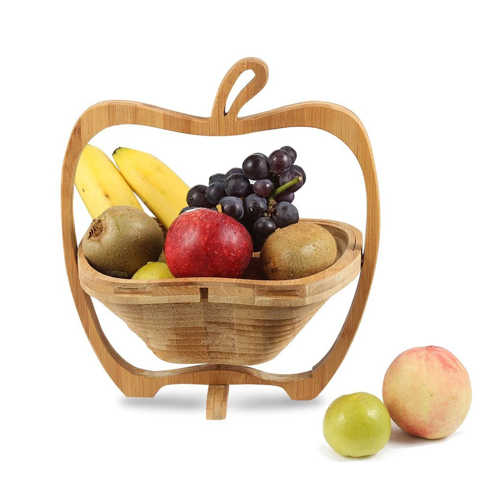 Collapsible Apple Shaped Bamboo Basket Kitchen Fruit Storage 