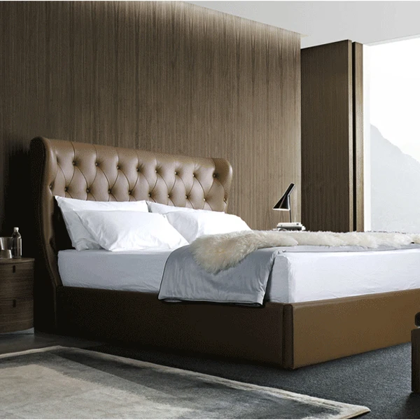 Contemporary Brown Leather Chesterfield Headboard Double King Bed For