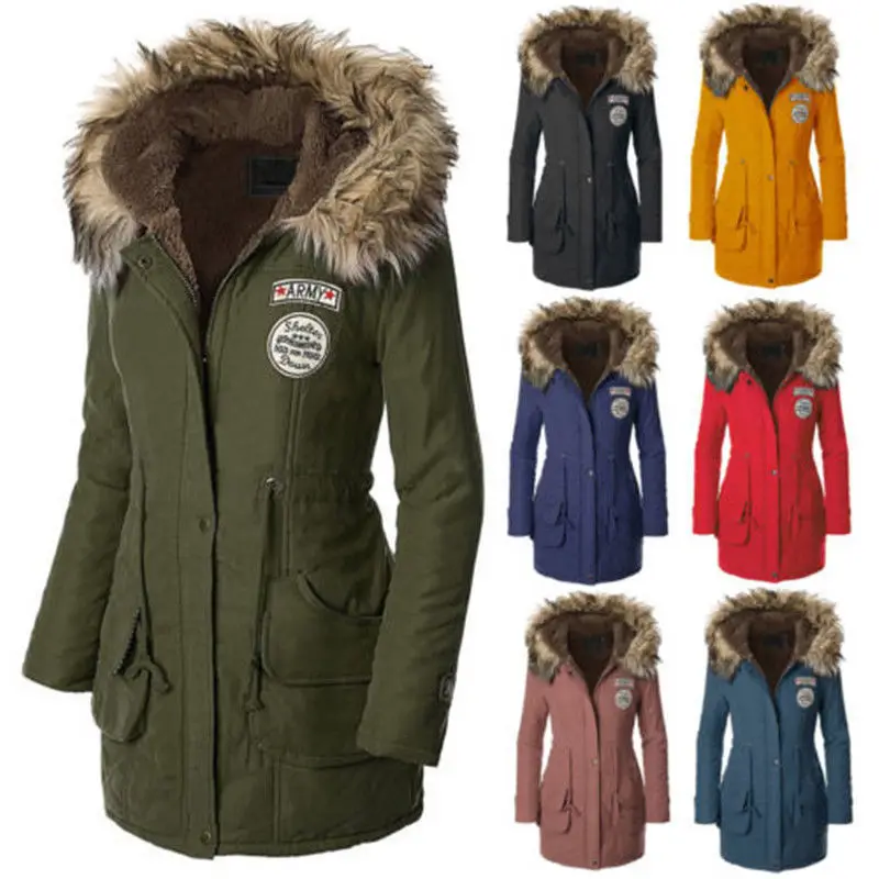 Women Winter Warm Fur Collar Hooded Long Coat Jacket Slim Parka Outwear Coats