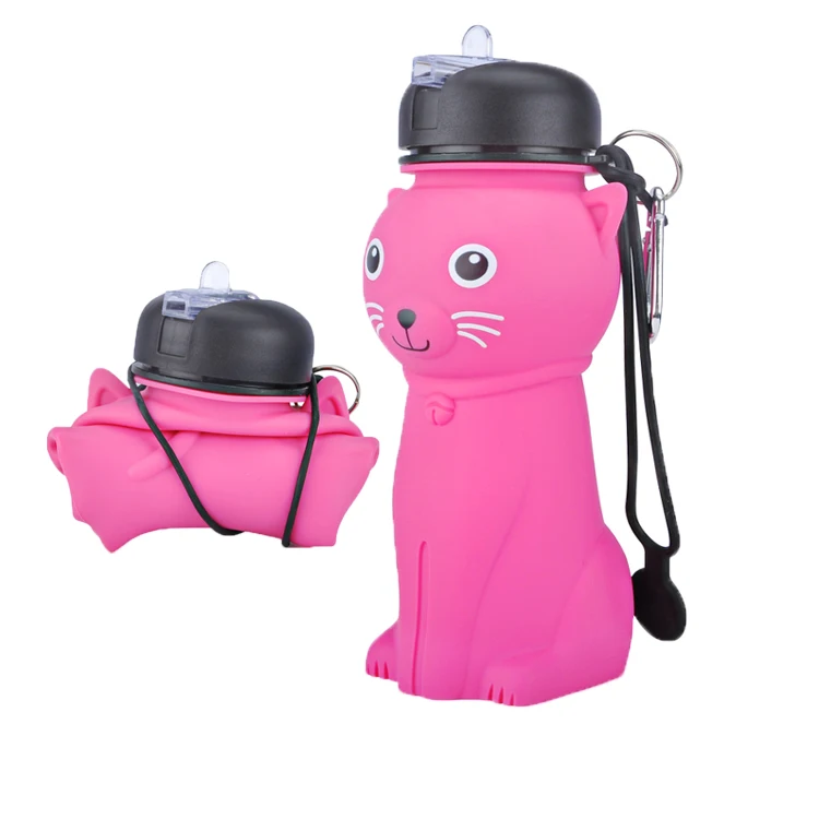 Collapsible Pink Cat Design Removable Carrying Handle BPA Free Leak Proof Perfect Girl Water Bottle Kids for School