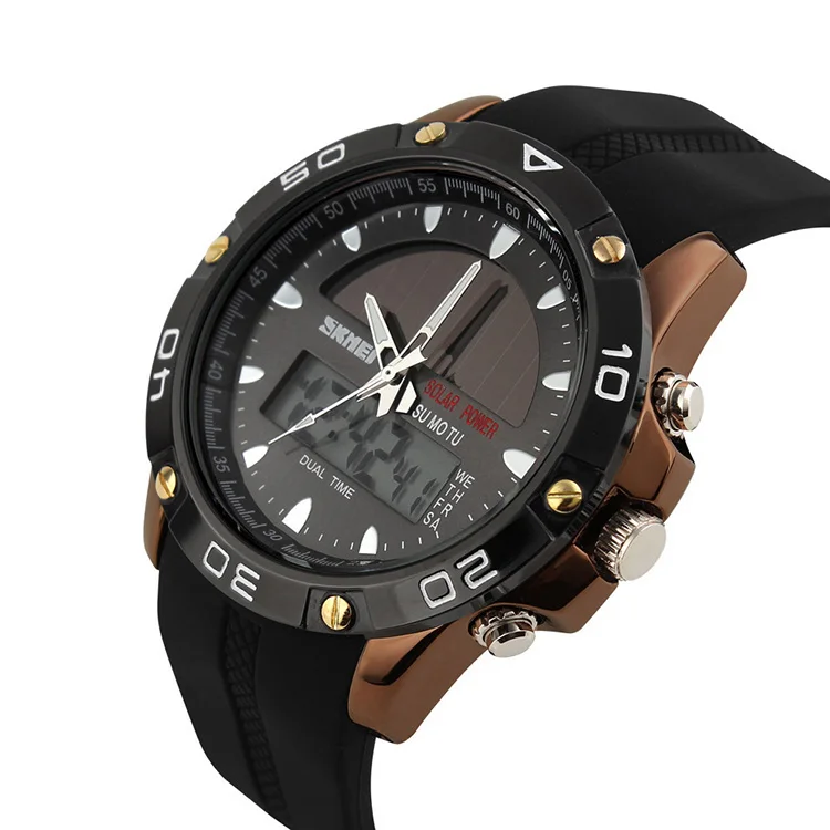 High Energe Sun Panel Solar Power Watch,Dual Time Wrist Watch with Silicone Strap