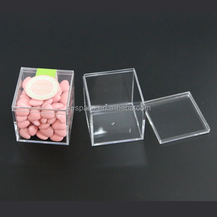 Clear Cube Shaped Box with Hinged Lid and Personalized Label Crystal Clear Acrylic Favor Box