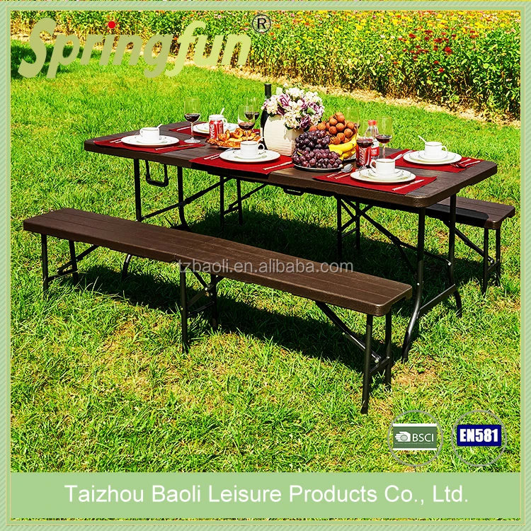 180Cm Brown HDPE Folding Plastic Wooden Look Garden Dinner Tables and Chairs Set