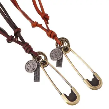 PK154 Huilin Safety pin necklace With Brown Dark Leather Cord Men Women Necklace
