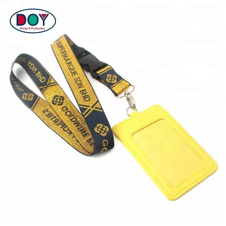 Free Sample Customized Label Logo Golden Metallic Thread Breakaway Woven Neck Lanyard With ID Holder