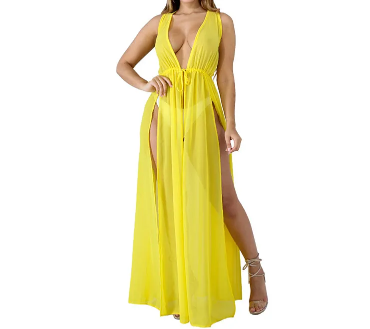 See Through High Split Deep v Neck Transparent Maxi Dresses for Beach