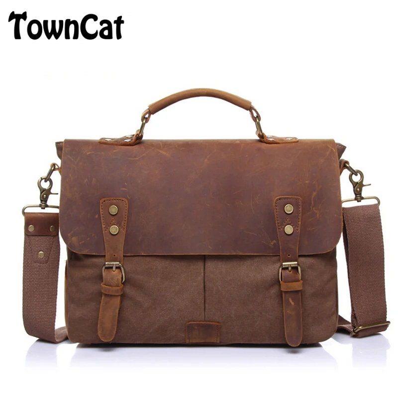 Men Canvas Leather Laptop Briefcase Travel Shoulder Bag
