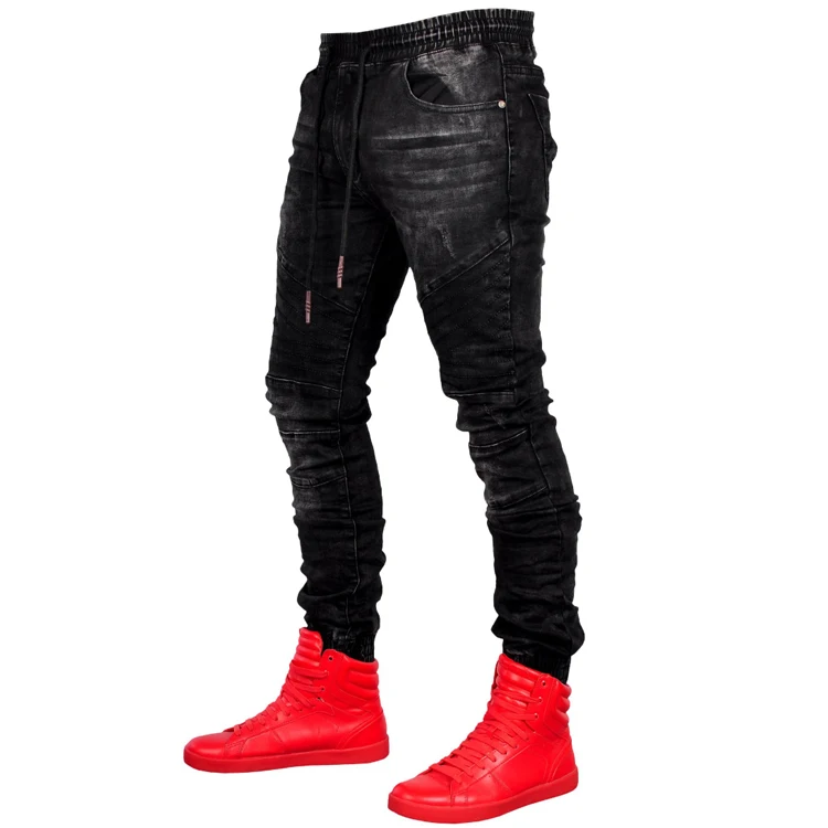 Новые модные мужские джинсы, обтягивающие штаны для бега, джинсовые черные скинни, качественные джинсы со склада, Заводские зауженные мужские джинсы в стиле хип-хоп, Джоггеры со складками
