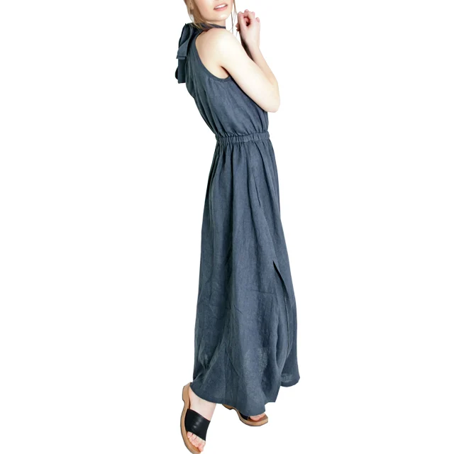 European and American Fashion Customize Linen Clothes Ladies High Neck Long Maxi Dress