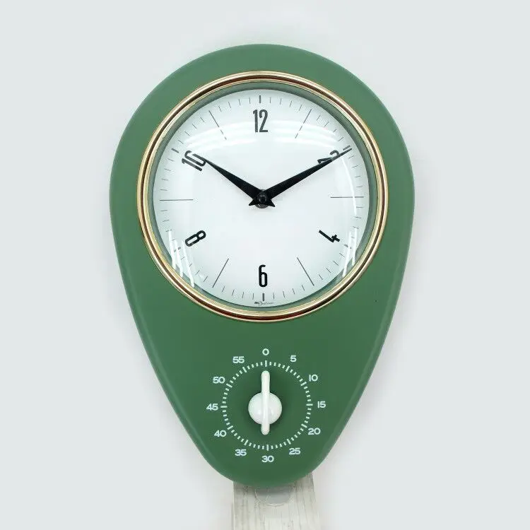 Horloge Murale Rétro Années 50 Pour Cuisine | 'Kitchen' Avec Minuteur | Couleur Vert Et Métal
