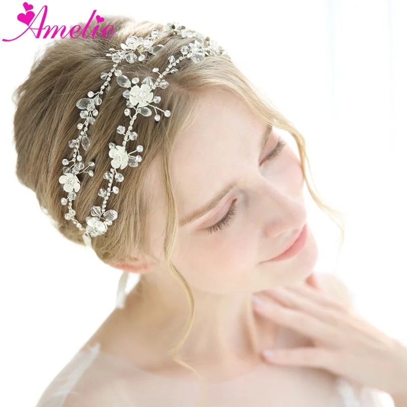 Rhinestone Crystal Bridal Headband, Silver Vine and Flower Hair Chain