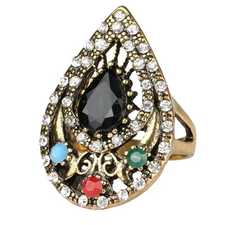 Retro India Ring Jewelry Plated Ancient Bronze Mosaic Rhinestone Hollow Out Carved Geometric Vintage Statement Womens