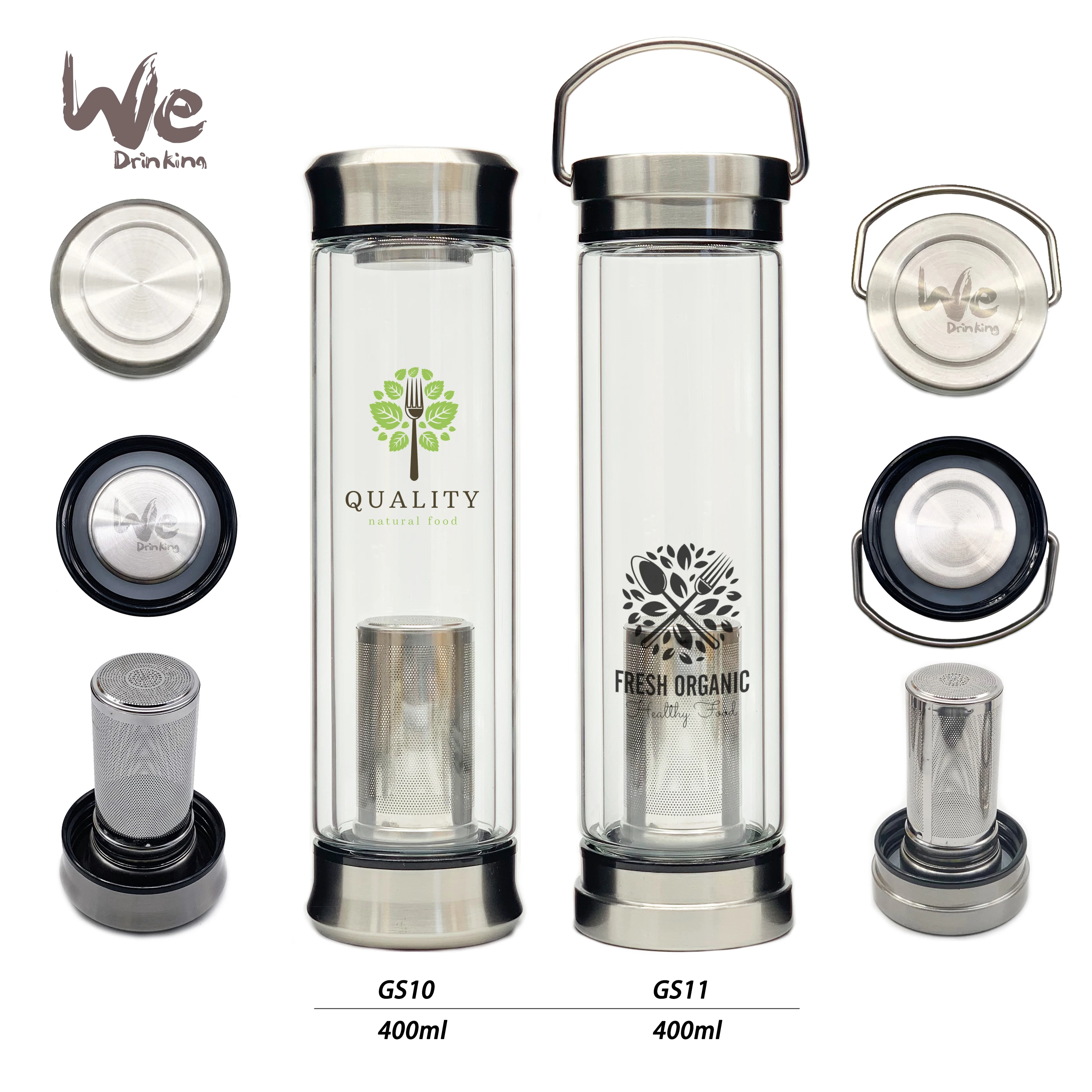 GS10 400ml Glass Tea Infuser Travel Mug With Strainer and 2 Steel Lids for Loose Leaf Tea  Matcha Fruit and Cold Brew Coffee