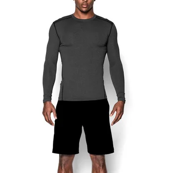 grey heather long sleeves crew neckline slim fit design workout sports t-shirt gym t shirt for men
