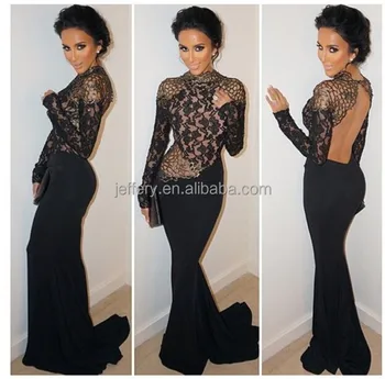 Ladies long evening party wear gown black lace splicing gown dress latest gown designs A760