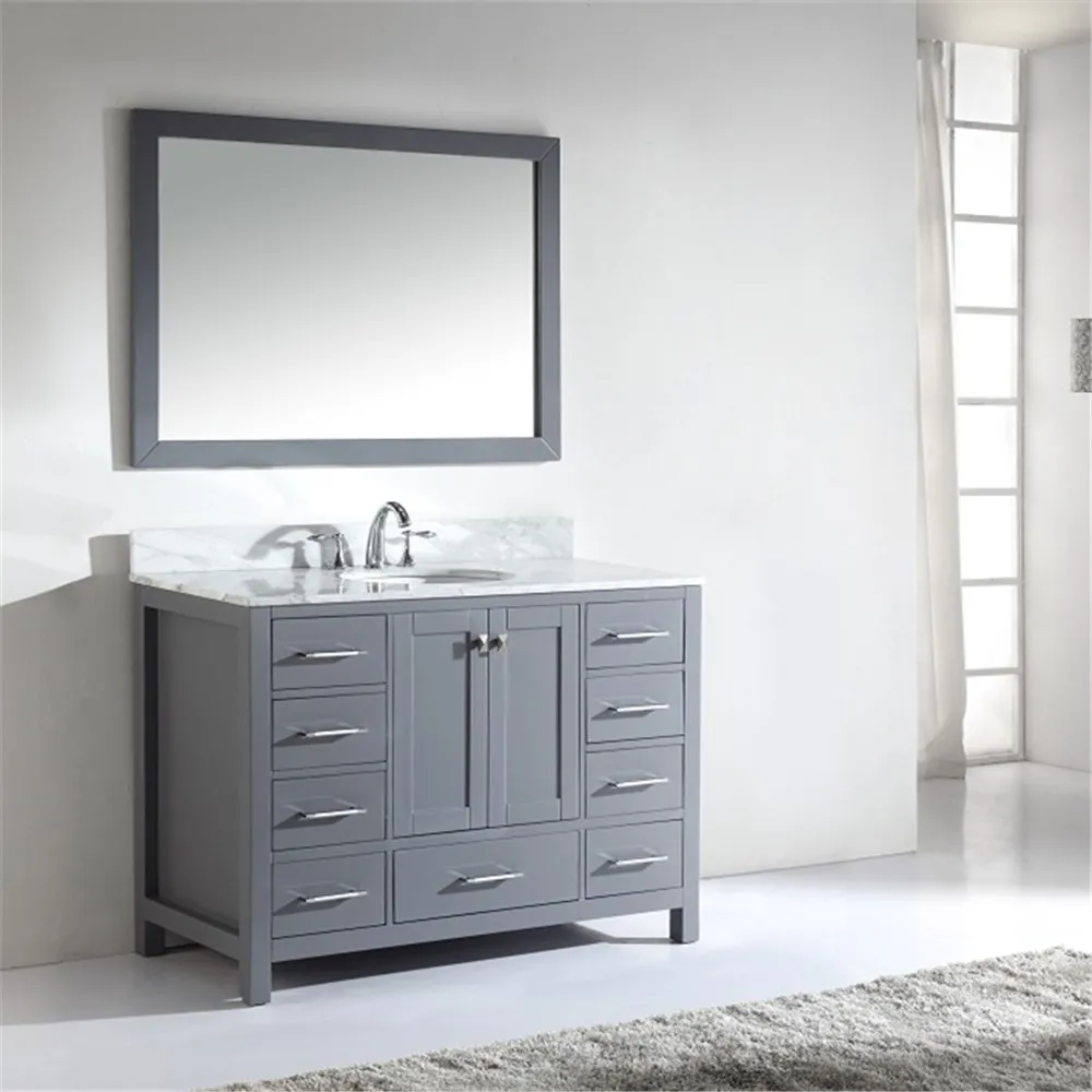 48 Inch Grey Finished Wooden Bathroom Vanity with Mirror and Marble Countertop