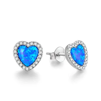 POLIVA Simply 925 Sterling Silver Stylish Earrings Heart Shape Stud Women Blue Opal Earring CZ Guangzhou