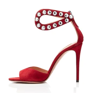 Sexy Metal Studs Red High Heels Sandals Women Peep Toe Evening Shoes Stiletto Heels Ladies Summer Studded Shoes Large Size 2018