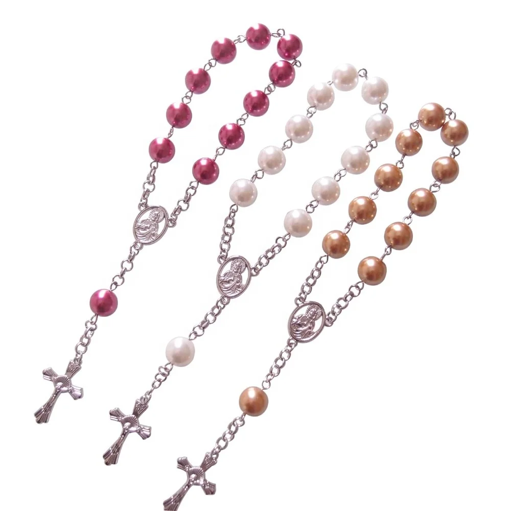 Pink Gold 30 Pieces Baptism Rosary Acrylic Rosary Beads Mini Rosaries with Angel for The First Communion Baptism Party Favors 