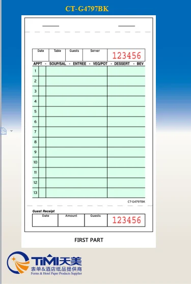 
 FSC paper CT-G4797BK popularity clear copy carbonless guest check with logo  