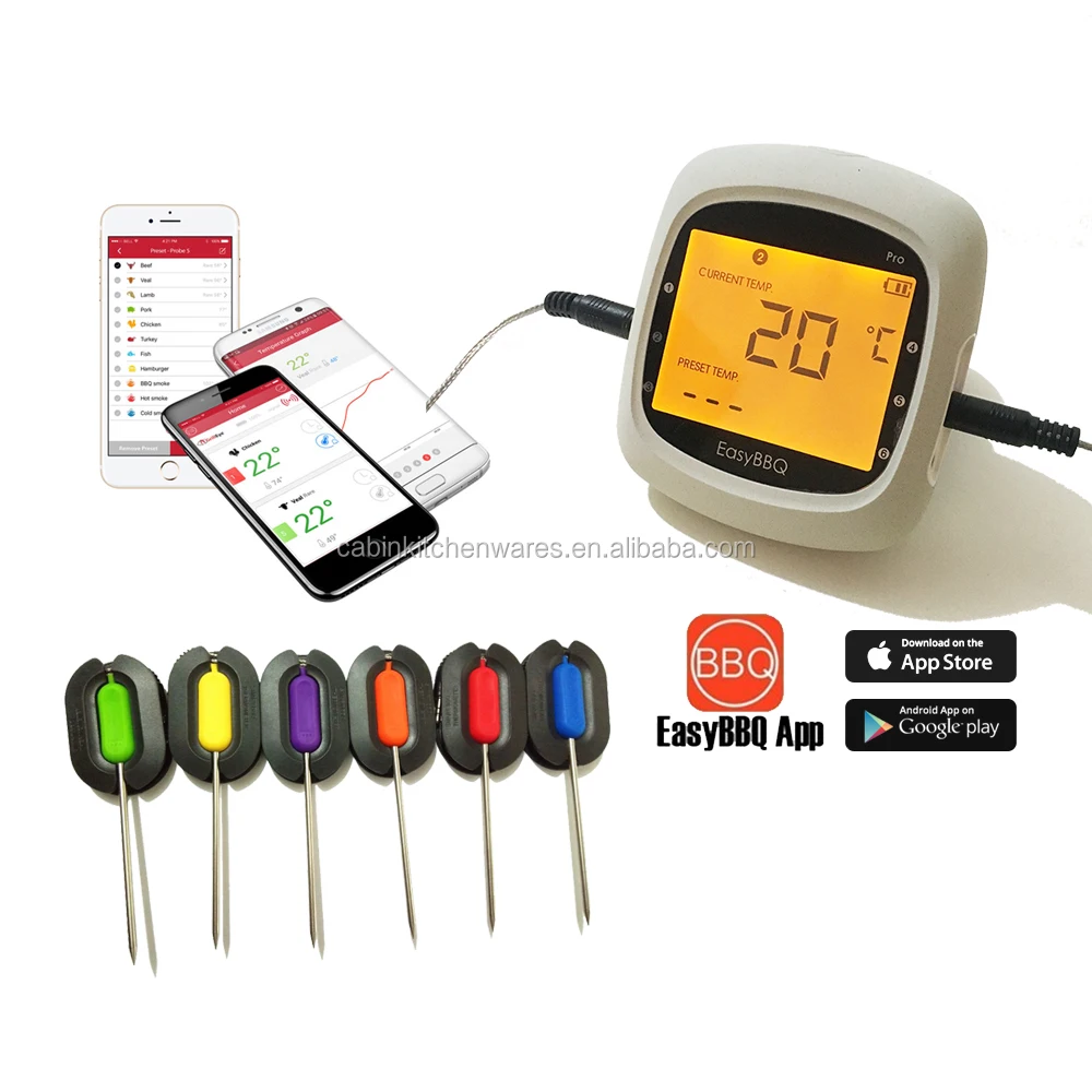 6 Probe Wifi Digital Long range BBQ thermometer w/ Blue tooth 5.0 (Includes  2 thermometers)