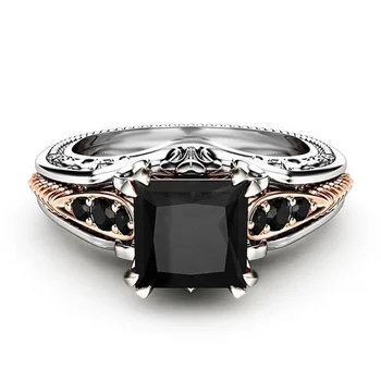Caoshi Fashion Jewelry Princess Cut Zircon Ring Silver Black Stone Ring Dainty Style Black Ring Women
