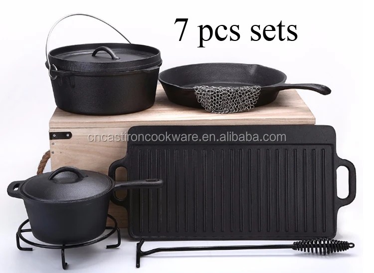 7PCS Pan & Pot Camping BBQ Cast Iron Cookware Set - China Camping