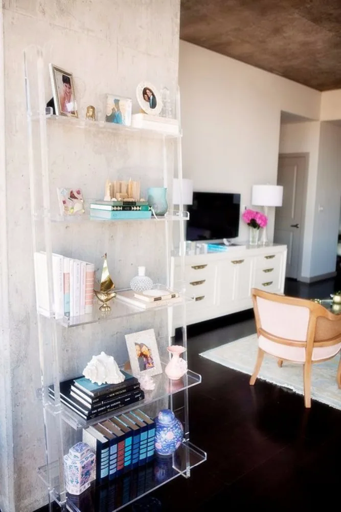 Modern Acrylic Corner Bookshelf Storage Shelf Glass Stainless Steel Parts Metal Cabinet