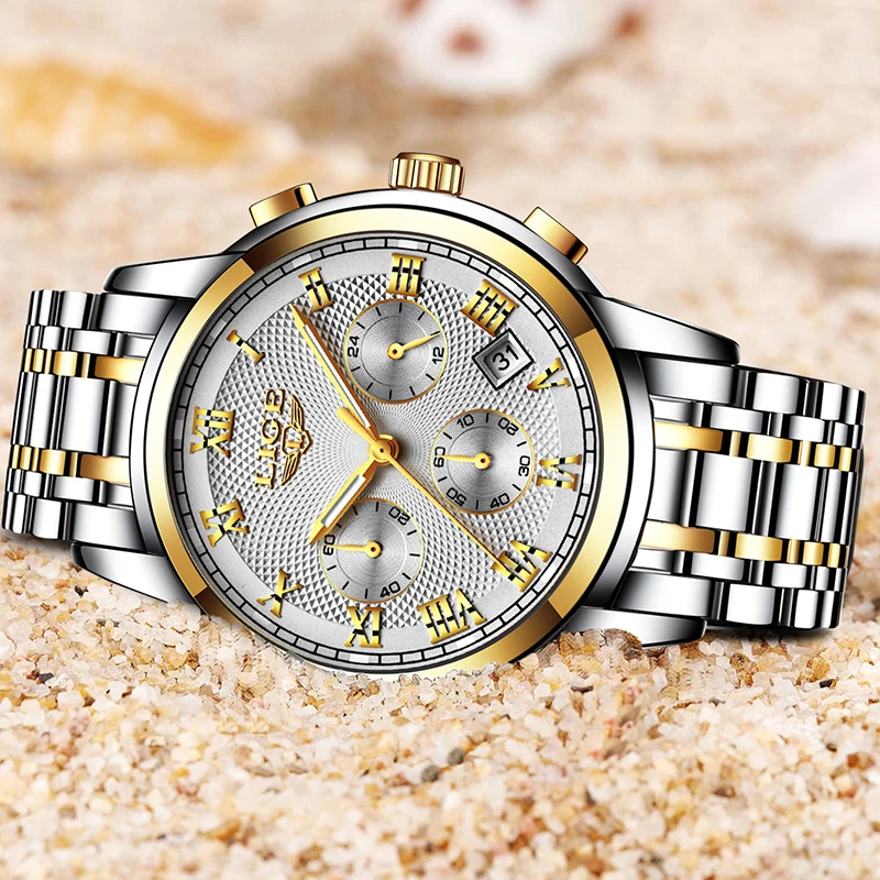LIGE Luxury Quartz Wrist Watch for Men Stainless Steel, Calendar