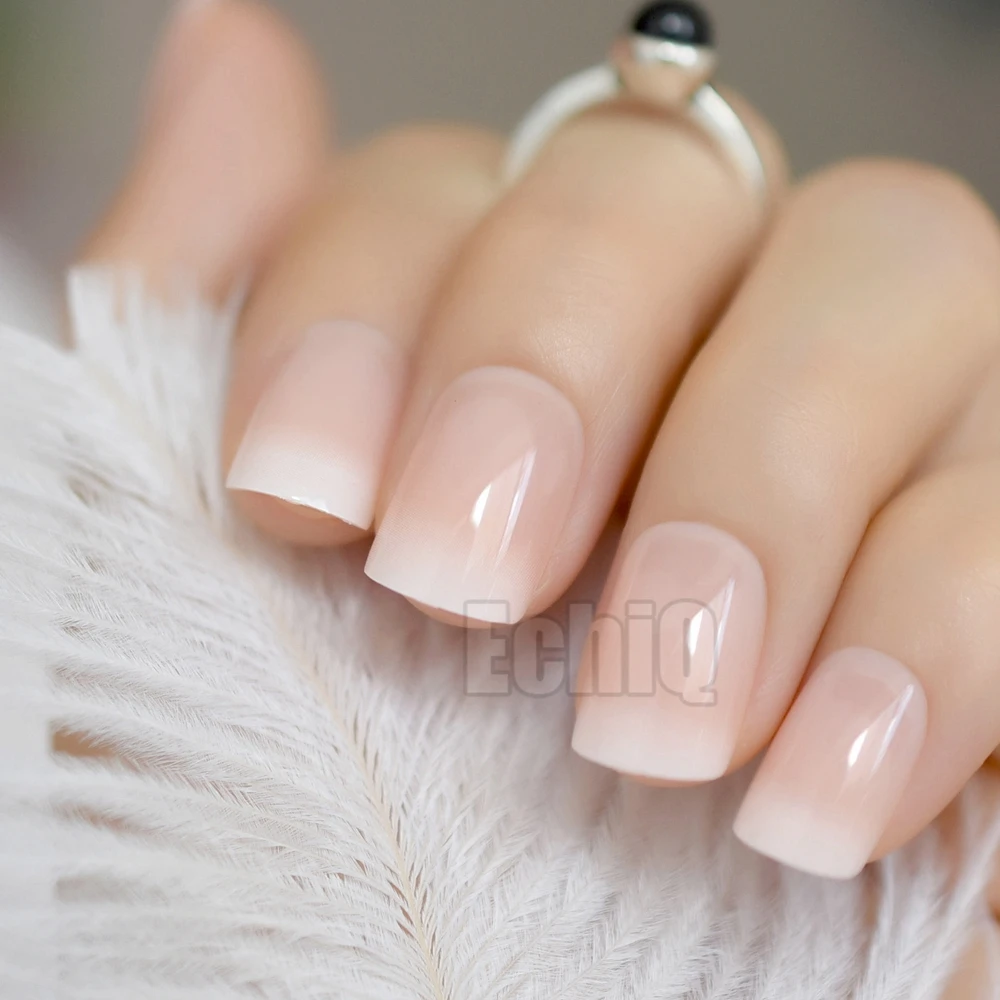 français ombre presse sur nail set blanc beige dégradé faux ongles