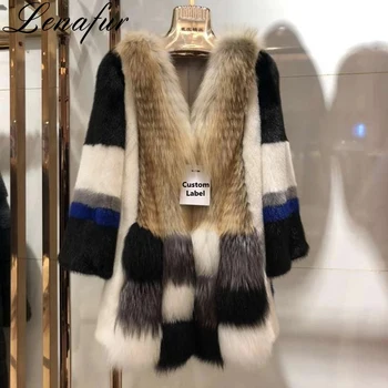 Factory Price Women Winter Colorful Patchwork Splice Design 3/4 Sleeve Luxury Real Mink Fur Jacket Natural Real Fox Fur Coat