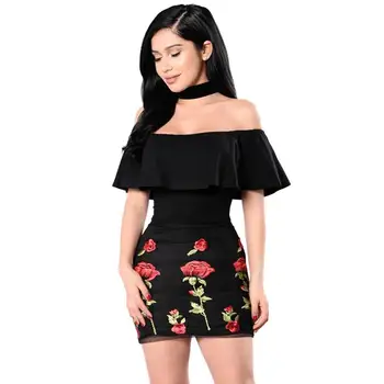 Sexy Ruffle Off Shoulder Floral Embroidered Little Black Dress For Women