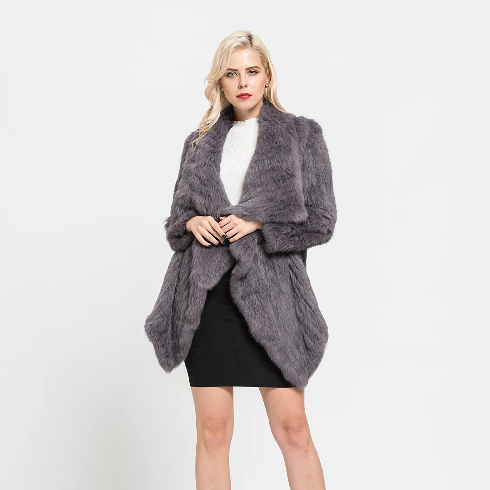 Lady Knit Rabbit Fur Vest Gilet Turn Down Collar Overcoat Fashion Top Waistcoat 