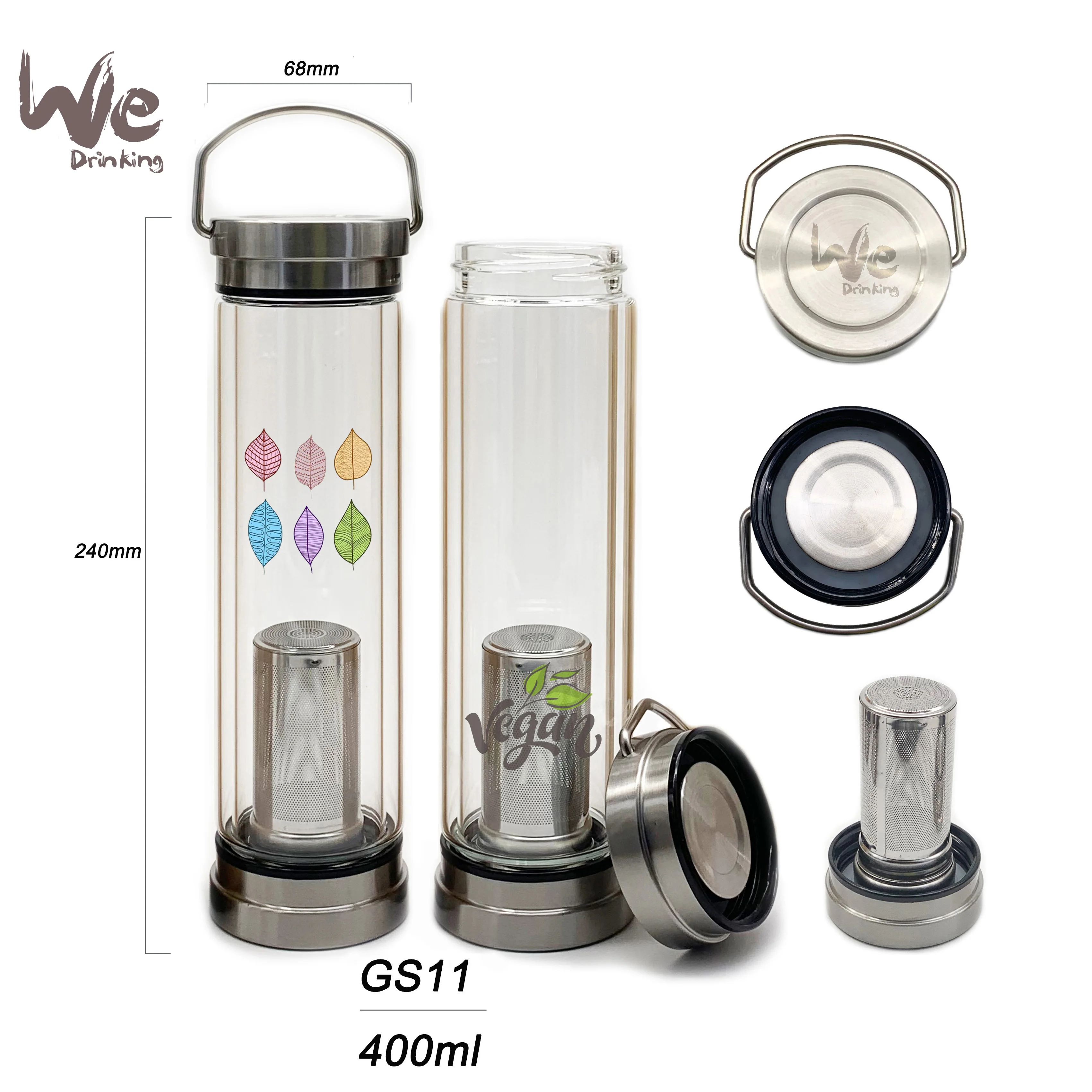 GS10 400ml Glass Tea Infuser Travel Mug With Strainer and 2 Steel Lids for Loose Leaf Tea  Matcha Fruit and Cold Brew Coffee