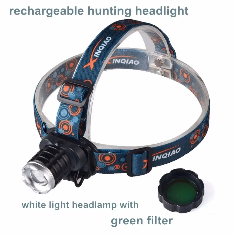Zoom Rechargeable Headlamp LED Coon Hunting Headlight with Green Light
